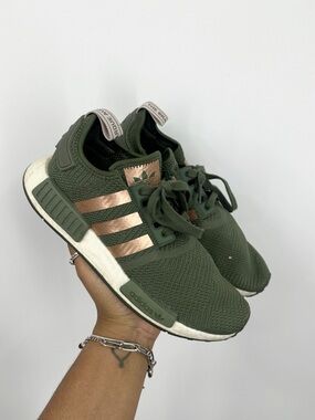 Adidas NMD Olive Green Sneakers Size Women's 8 Gold Stripe Streetwear